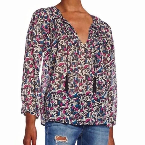 JOIE Suzetta Paisley Sheer Silk Tassel blouse - Picture 1 of 7